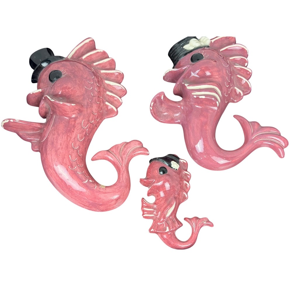 Vintage Pink Anthropomorphic Fish Wall Plaques Set of 3 Chalkware Ceramic Flaws